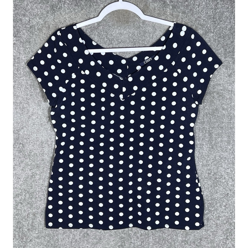 Chaps Top Womens Size XL Navy Blue White Polka Dot Stretch V-Neck Short Sleeve